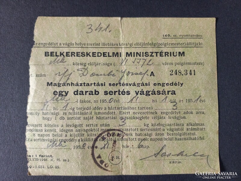 Sertésvágási engedély/Zsírbeadás igazolása Mezőberény 1950