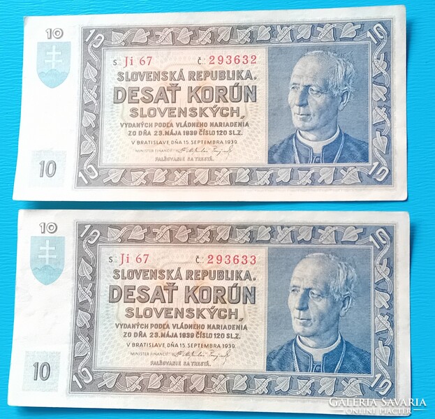 2 szlovák 10 Korona Korun 1939 évi sorszámkövető, aUNC (fotók szerint)
