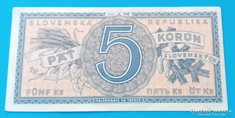 Szlovák 5 Korona Korun 1945 évi , aUNC (fotók szerint)