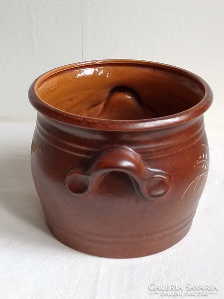 Régi retro nagy német barna mázas kerámia fajansz kőagyag? kaspó füles csupor fazék tároló 23cm