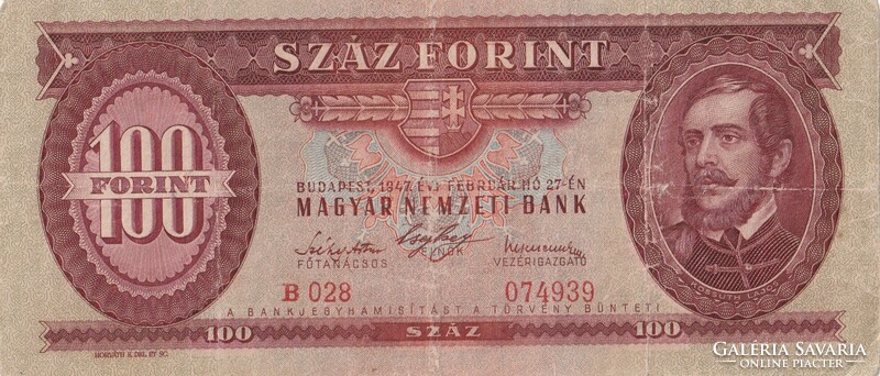 100 Forint 1947-es Kossuth címeres forgalomban volt