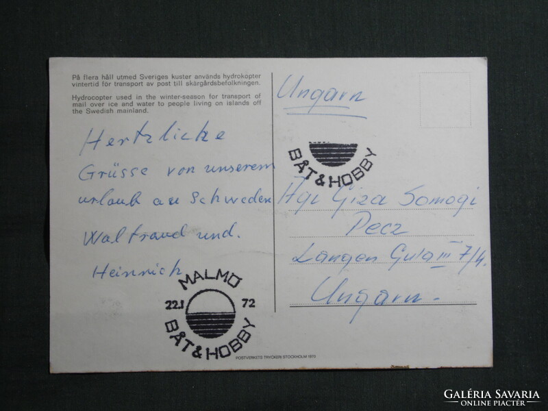 Képeslap,Svédország,Malmö,Hydrocopter,légcsavaros katamarán csónak,1970-