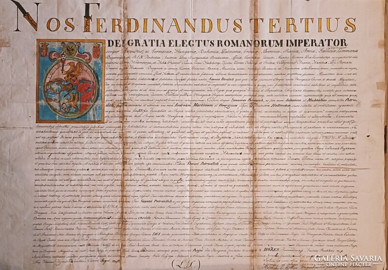 III. Ferdinánd nemesi oklevele! 18/19. századi ritka másolat! 50x71cm. Kézzel írt, kézzel festett!