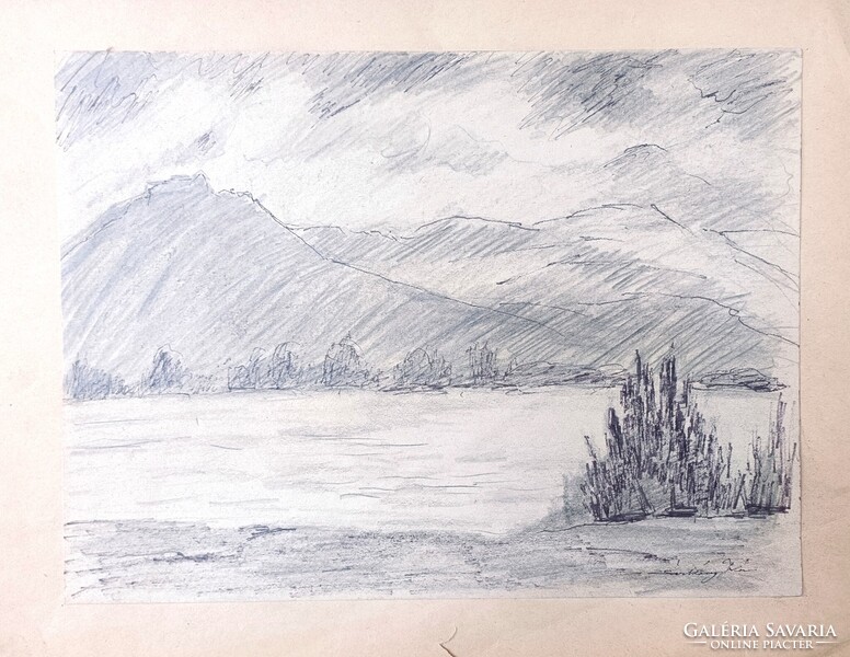 Balatoni grafika! B. Sárkány Jolán (1907-1985)  Tihanyi dombság! Vegyes technika! 24x33cm! Jelzett!