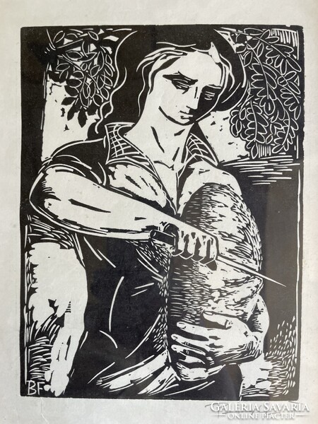 Bodri Ferenc (1943-2021) Kenyérszelő linómetszet