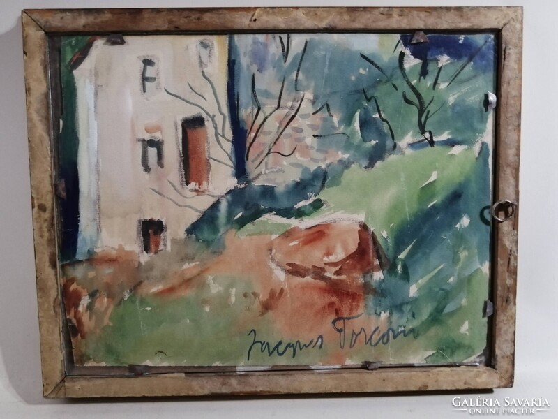 RUE Á PARIS - JELZETT FRANCIA KÉTOLDALI AKVARELL - HÁTTÉRBEN A SACRÉ COEUR BAZILIKA