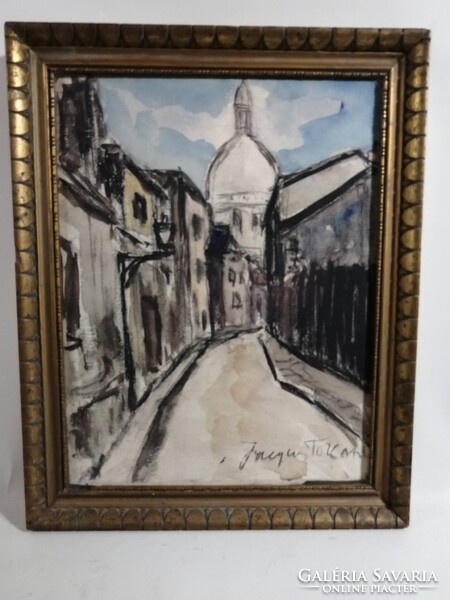 RUE Á PARIS - JELZETT FRANCIA KÉTOLDALI AKVARELL - HÁTTÉRBEN A SACRÉ COEUR BAZILIKA