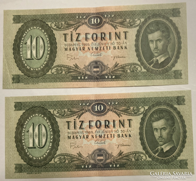 2 db sorszám követő ,1969-es 10 forintos, szép papír (3)