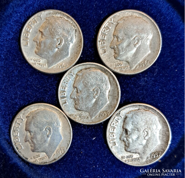 5 darab  ezüst Roosevelt 1 dime USA 1957, 1958, 1959, 1961, 196. (603)