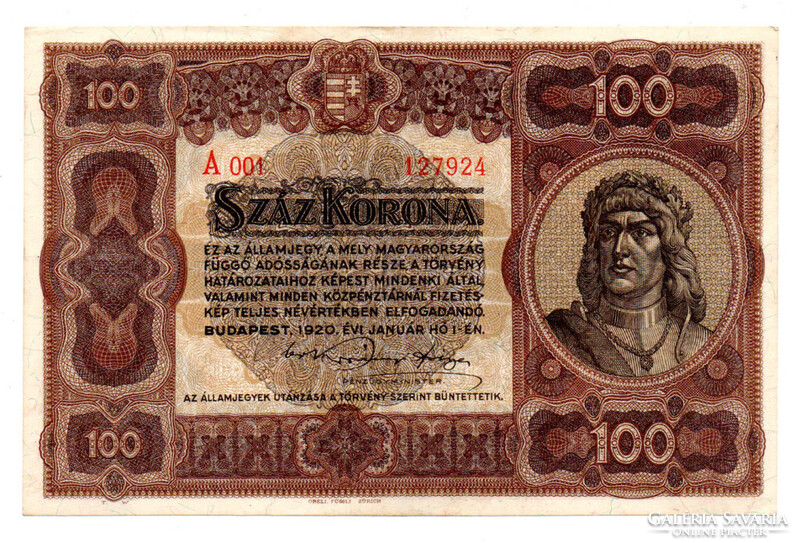 100 Korona Államjegy 1920 XF A001 sorozat
