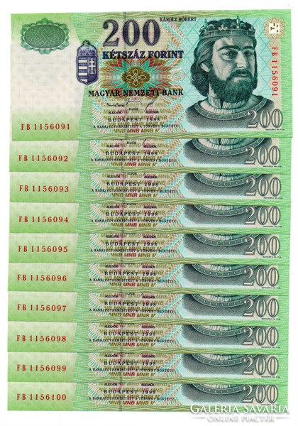 200 Forint Bankjegy 1998 FB UNC sorszámkövető 10db