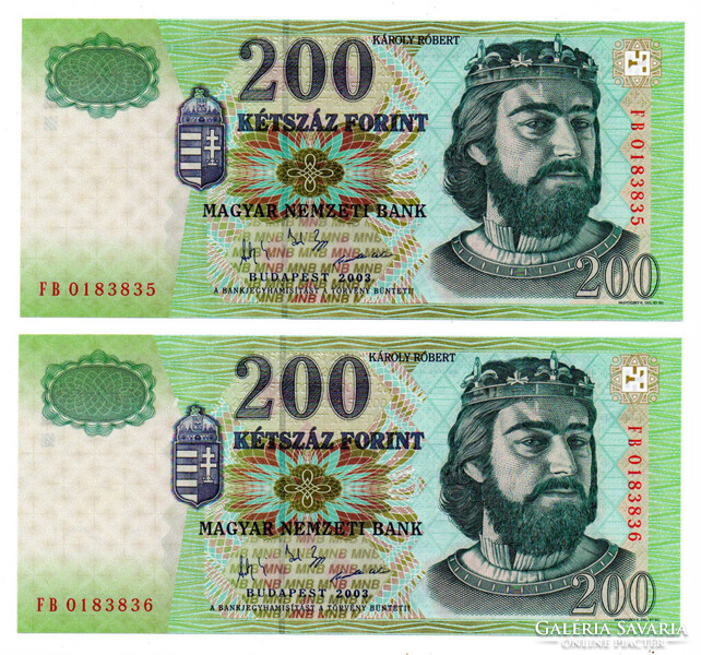 200 Forint Bankjegy 2003 FB UNC sorszámkövető pár
