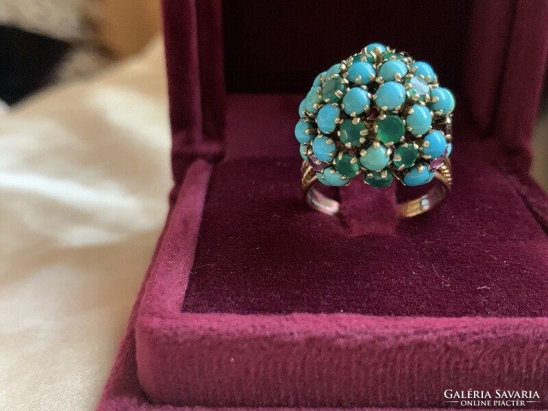 Csodálatos rubin-smaragd türkiz gyűrű 585 arany