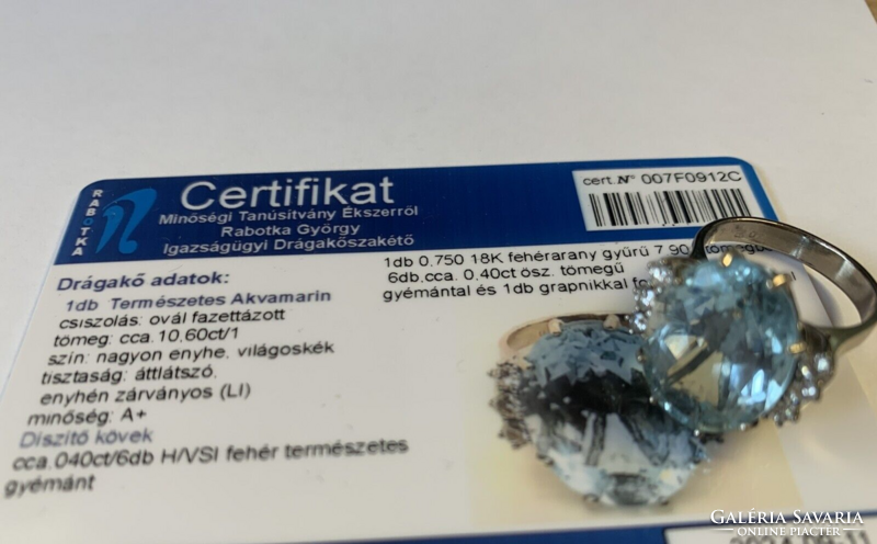 10.60ct Akvamarin-0.40ct Brillekkel 18 kr.arany gyűrű.Tanúsítvánnyal