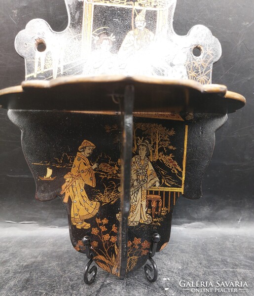 Antik japán chinoiserie összecsukható lakk fali polc kézzel festett,15x23cm.3855b