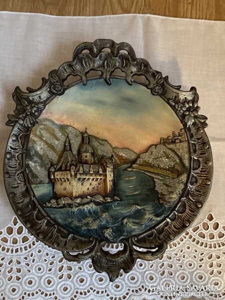 Álomszép antik nagy relief kerámia fali dísztányér.