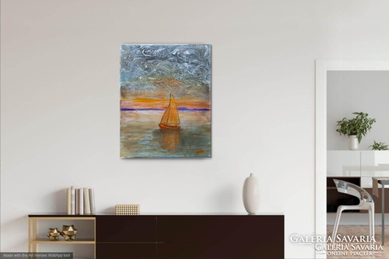 Prima díjas művésztől Balatoni fantázia. 50x40 cm, vászonkép, tanúsítvánnyal Károlyfi Zsófia (1952-)