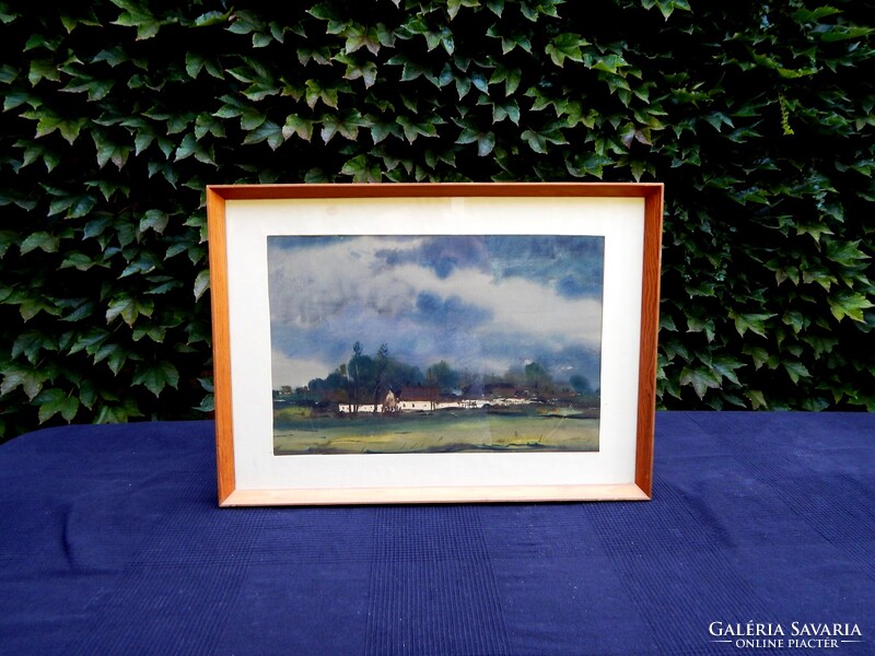 Weintrager Adolf (1927 - 1987):  Eső után,  40 x 50 cm-es akvarellje keretben