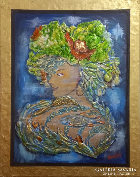 Prima díjas művésztől, Hévíz tündére. 40x50 cm, szürromantikus kép, zománcozva.Károlyfi Zsófia(1952)