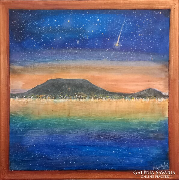 Prima díjas művésztől. Augusztusi Balaton 40x40 cm -es, tanúsítvánnyal Károlyfi Zsófia (1952-)