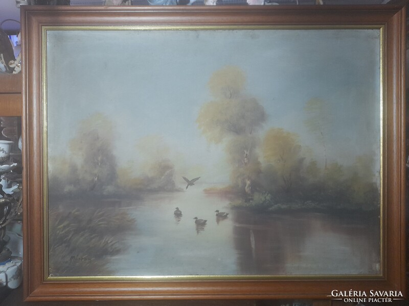 Márton Béla?,Olaj-Vászon Erdei Tó Tájkép,Vadkacsákkal Festmény.60 x 80 cm.