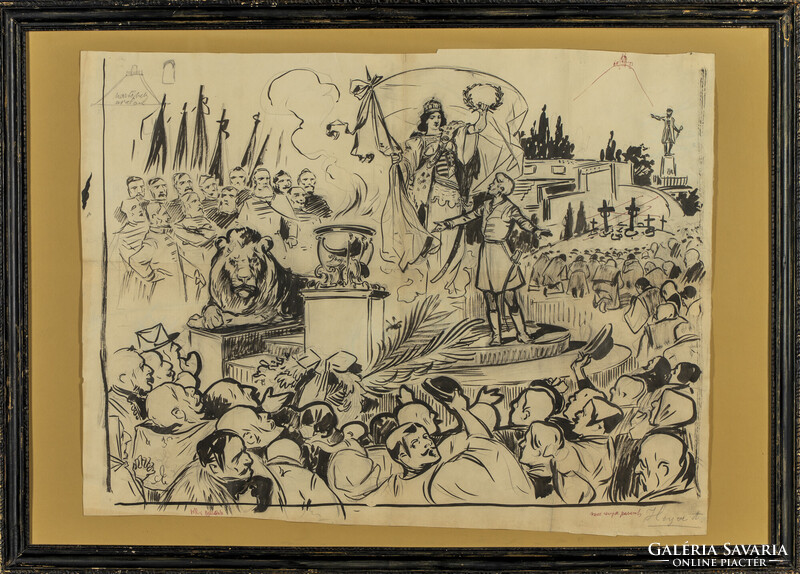 Heyer Artur (1872-1931): Március 15. vázlat - tusrajz keretben 62 x 84 cm