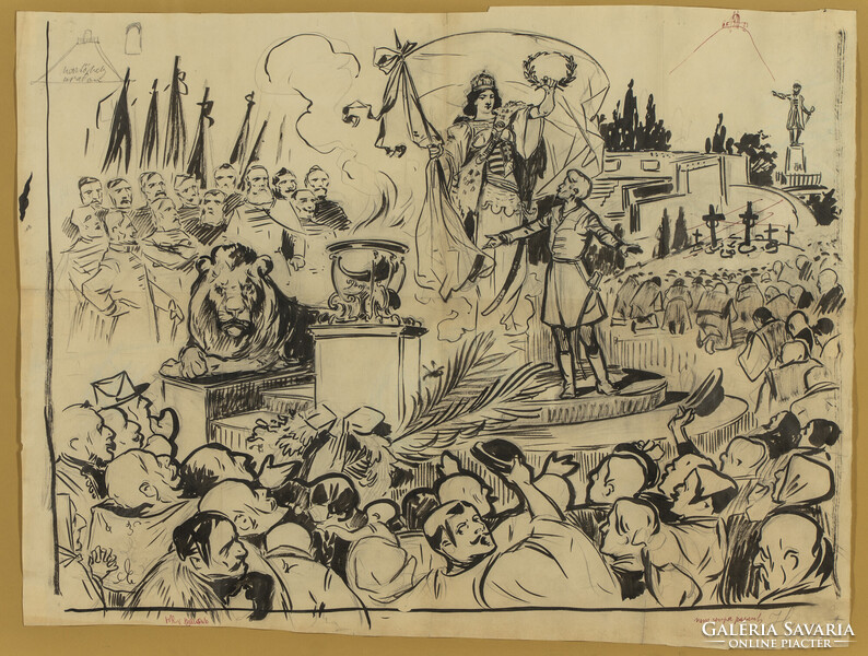 Heyer Artur (1872-1931): Március 15. vázlat - tusrajz keretben 62 x 84 cm