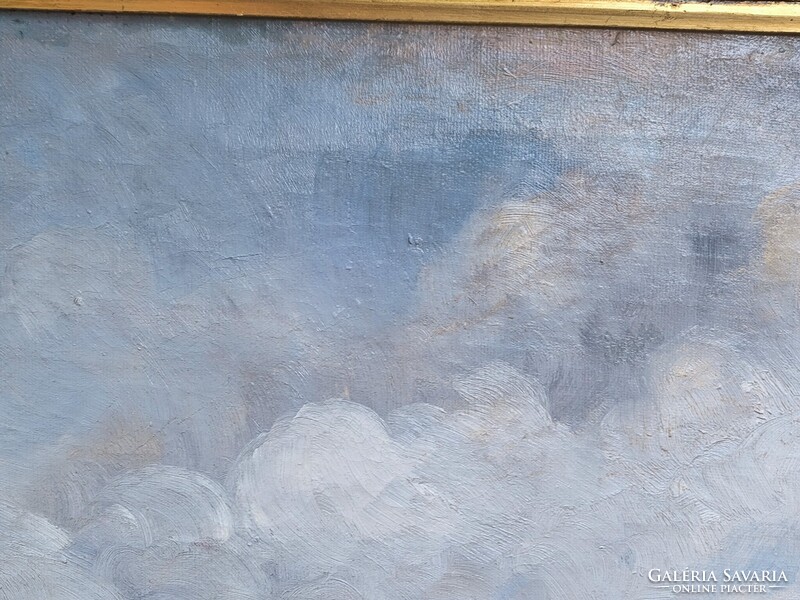 Gyönyörű antik Olaj vászon tàjkép festmény.Àcs Àgoston aratàs , betakarítás