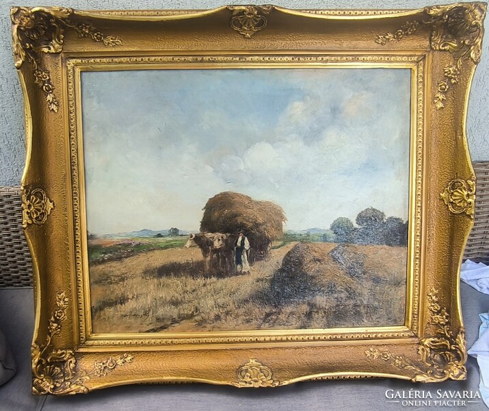 Gyönyörű antik Olaj vászon tàjkép festmény.Àcs Àgoston aratàs , betakarítás
