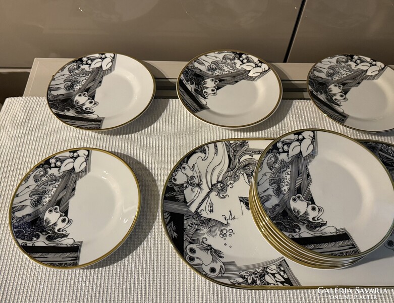 Hollóházi porcelán Szász Endre süteményes/szendvicses készlet