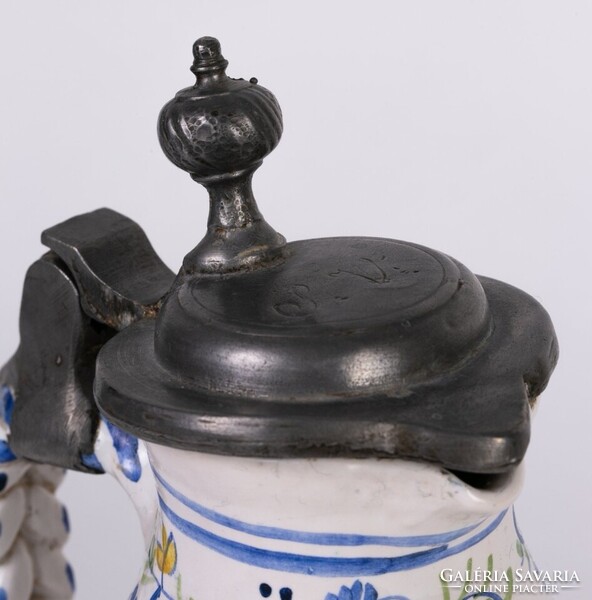 Antik, ónmázas fajansz kancsó, datált: 1769! Ón szerelékkel, szinte hibátlan!