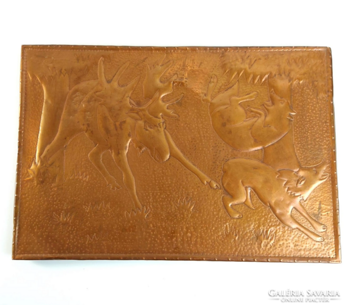 Vintage réz fali kép, jávorszarvas farkasokkal viaskodik, vadász téma, Kb 1960-es évek