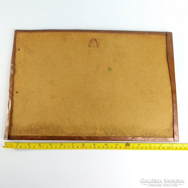 Vintage réz fali kép, jávorszarvas farkasokkal viaskodik, vadász téma, Kb 1960-es évek