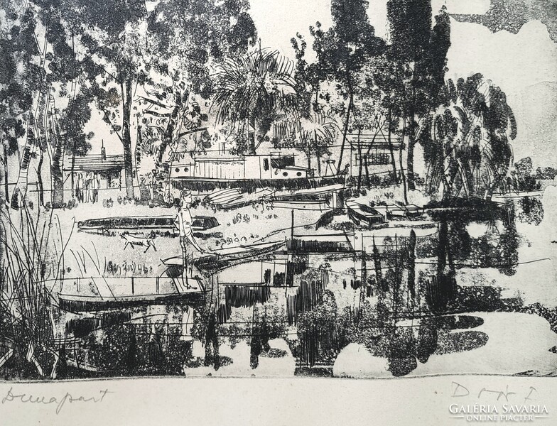 Doór Ferenc: Dunapart (szignózott rézkarc) vízparti jelenet, csónakok, hajók