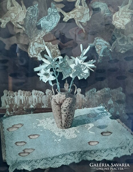 Tassy Béla: Ikebana - különleges színes grafika! fehér keretben (asztal, japán virágrendezés)