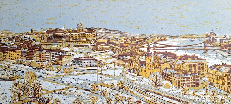 Csavlek András: Budapesti látkép (nagyméretű színes linómetszet) Budai Vár, Duna, Lánchíd