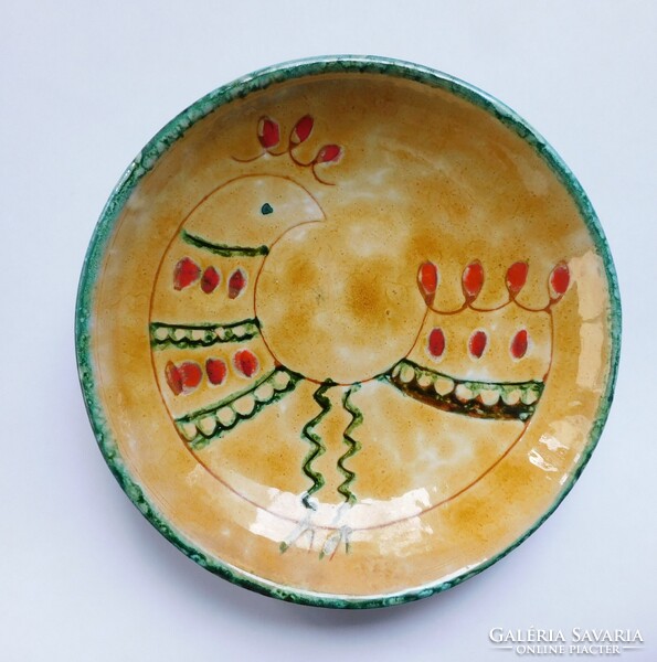 Retro iparművészeti kerámia tál stilizált madárral