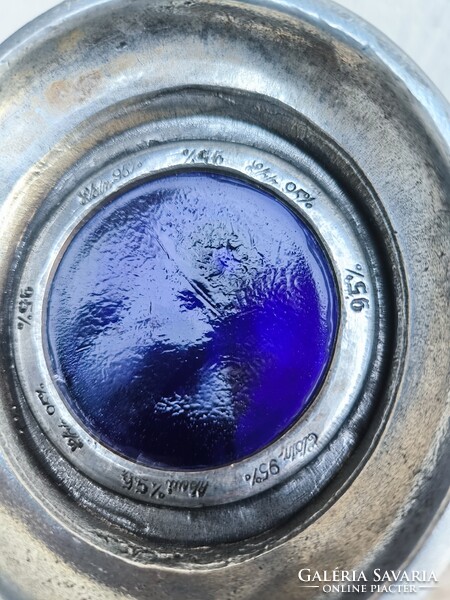 Gyönyörű kobalt kék üveges Kacsa kancsó,Kakas kancsó karaffa dekantàló jelzett fém.