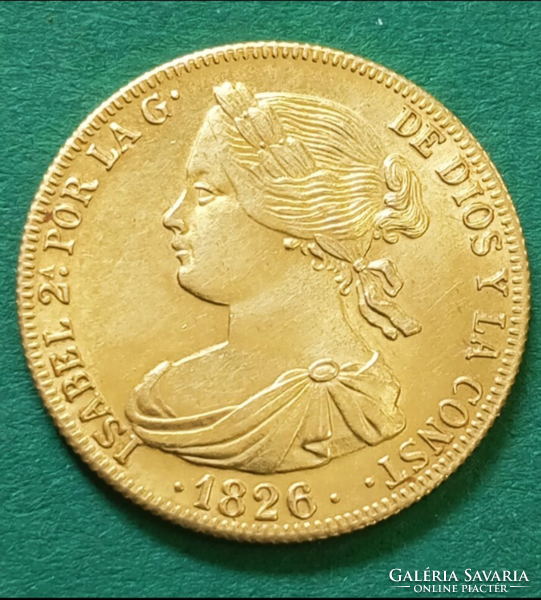 II. Izabella Spanyolország 100 Reál 900 finomságú ,8,1 g ,aranyérem 1826 extra tartás UV