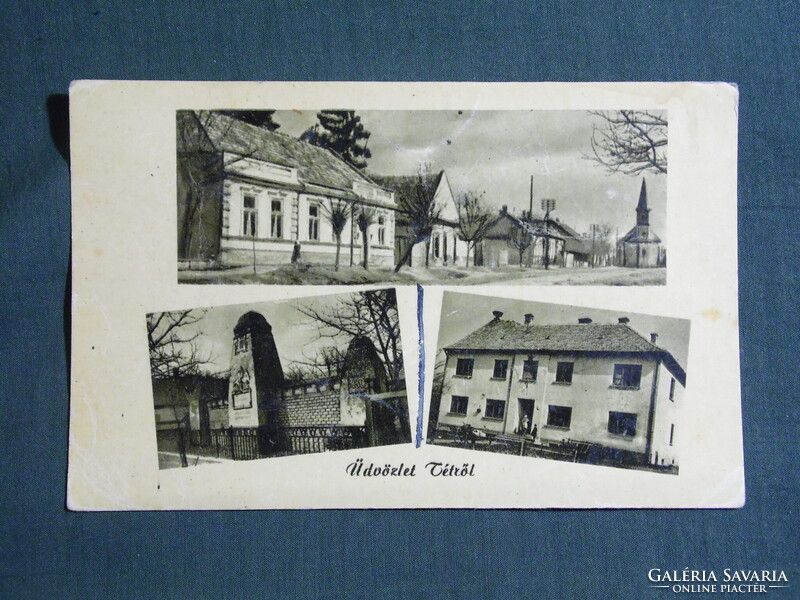 Képeslap,Tét,községháza,emlékmű,utca,templom látkép,részlet,1950-