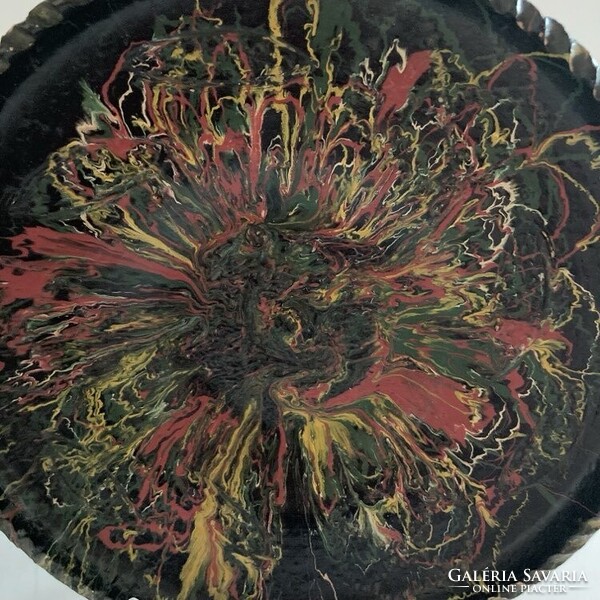 Csorgatott mázas kerámia falitányér - fekete