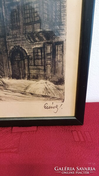 Élesdy István Utcakép Rézkarc