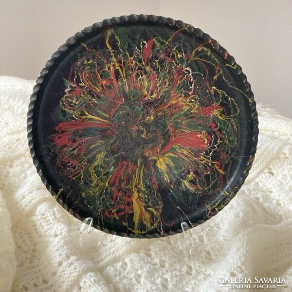 Csorgatott mázas kerámia falitányér - fekete