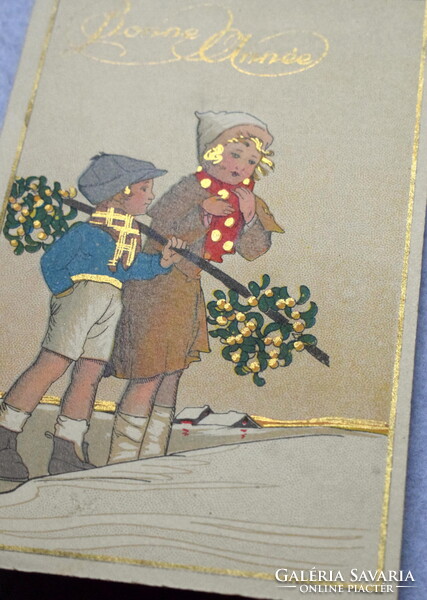 Art deco újévi üdvözlő litho képeslap - gyerekek ,  fagyöngy  aranyszín felülnyomás