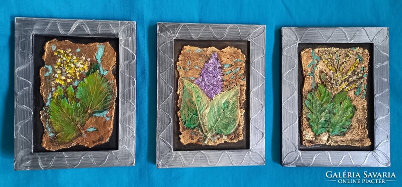 Prima díjas művésztől,Flóra 3-as szett.(lkülön is kérhető) 22x17 cm/db zománc  Károlyfi Zsófia(1952)