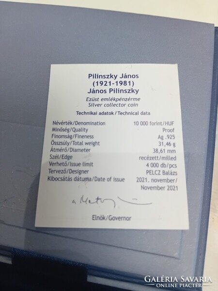 Magyarország,10000 forint 2021  - Pilinszky János UNC ezüst 31.46g 925