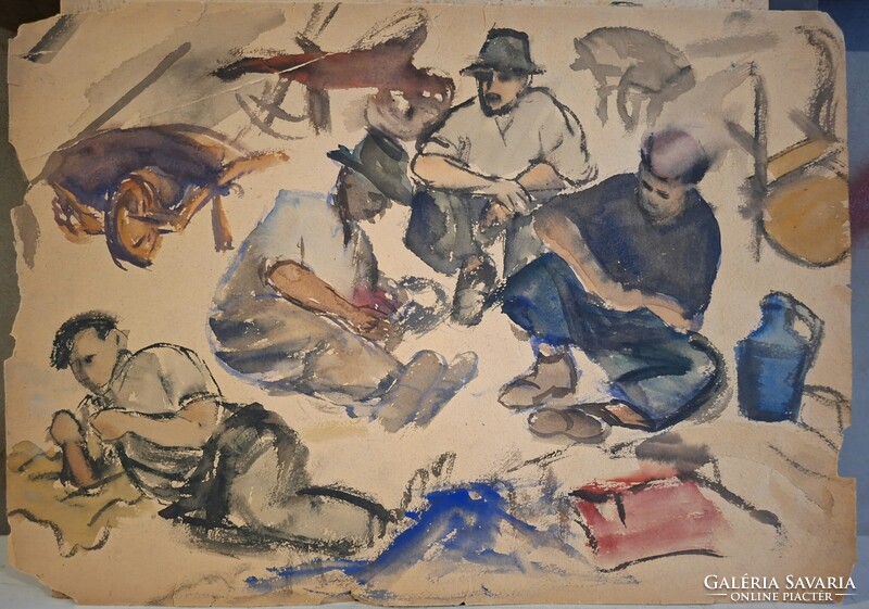 1 ft-ról! Ismeretlen magyar festőművész vázlata.  Különféle alak ábrázolások. 30x42cm. Keret nincs.