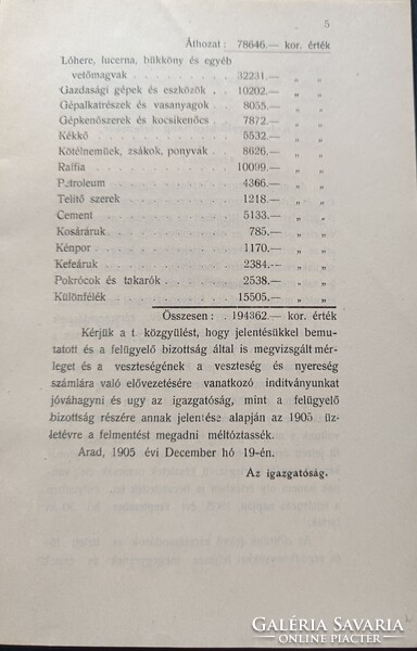 Aradvármegyei  Gazdasági Egyesület-Üzleti jelentés  1905. Arad
