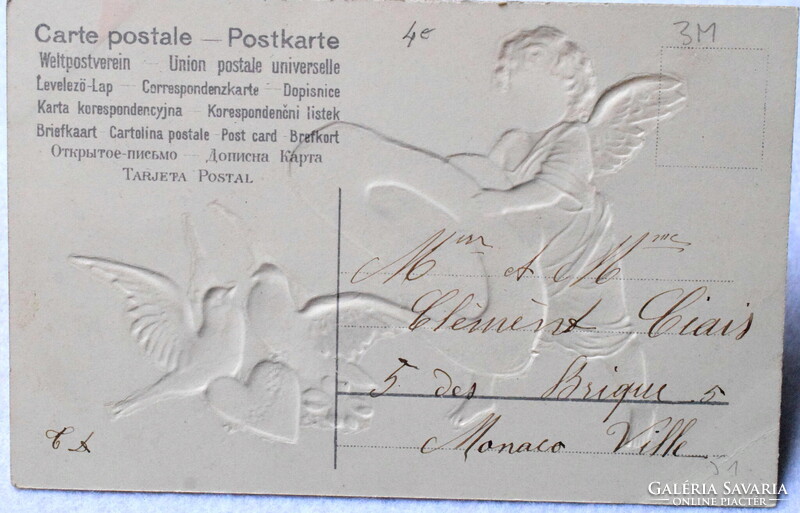 Antik dombornyomott Újévi üdvözlő képeslap -  angyalka kalappal ,  galambok . 4levelű lóhere