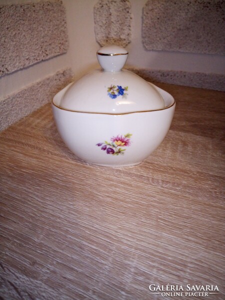 Hollóházi virág mintás porcelán cukortartó. Jelzett